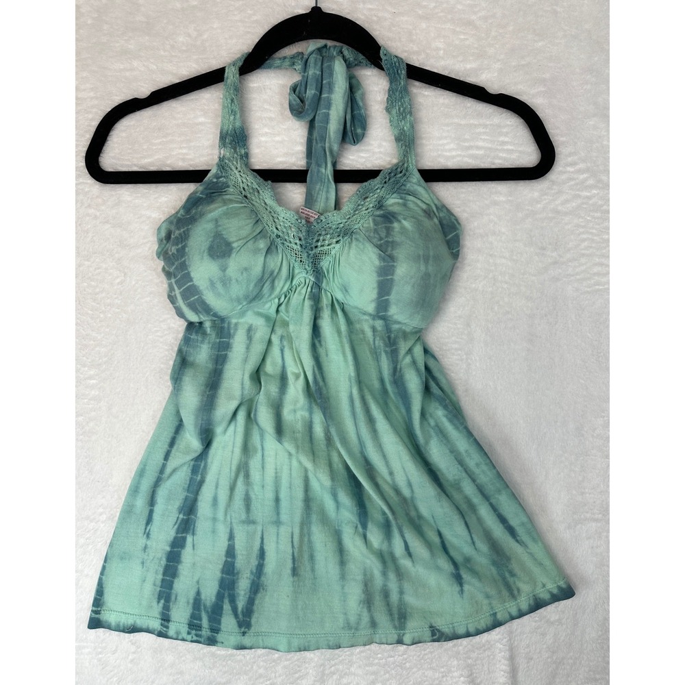 Candie's Halter Top Women XS Green Tie Dye Crochet Lace Smocked Back
